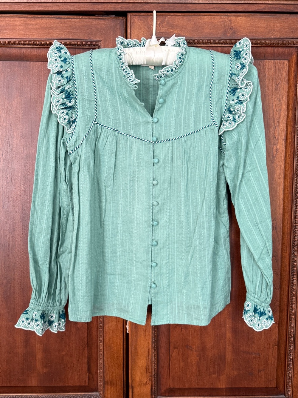 Sezane Sage Green Button-Front Ruffle Blouse